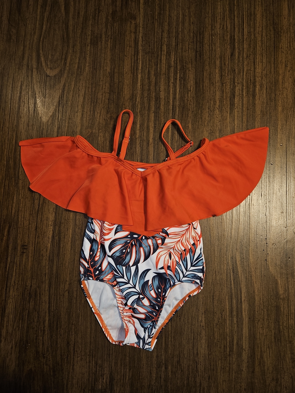 PatPat Orange Ruffle One-Piece Swimsuit with Navy Leaf Print
